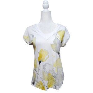 simply ART DOLCEZZA white floral v-neck short sleeve shirt blouse top size S